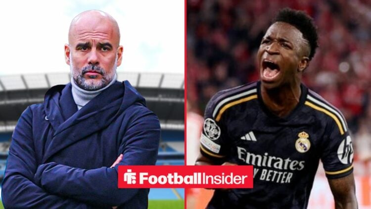 Pep Guardiola with his arms crossed at the Etihad, witj Vinicius Junior celebrating a goal for Real Madrid