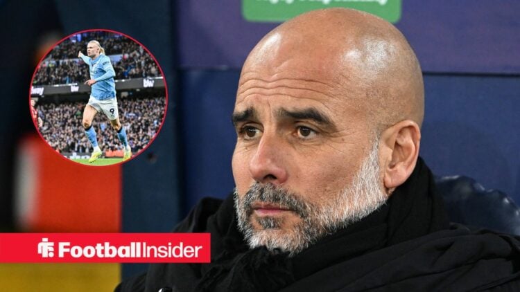 Man City boss Pep Guardiola with Erling Haaland inset