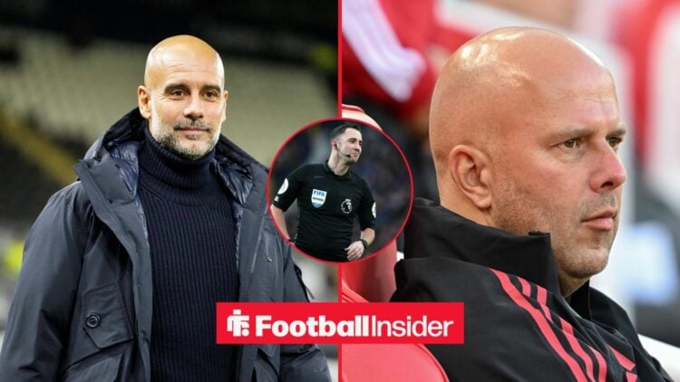 Pep Guardiola split image with Arne Slot and Chris Kavanagh inset