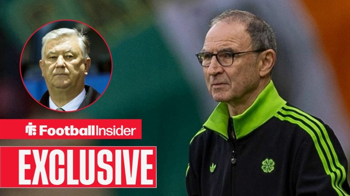 Peter Lawwell looking focused on the left with Celtic manager Martin O'Neill serious on the right