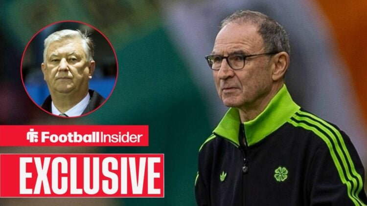 Peter Lawwell looking focused on the left with Celtic manager Martin O'Neill serious on the right