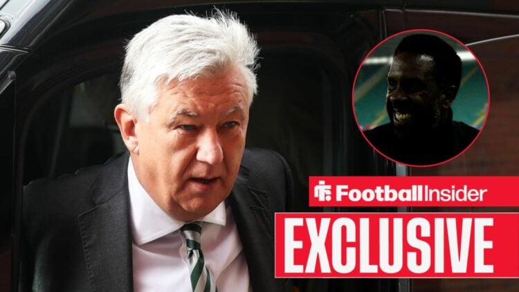 Peter Lawwell looking focused on the left with Wilfried Nancy on the right smiling at Celtic Park