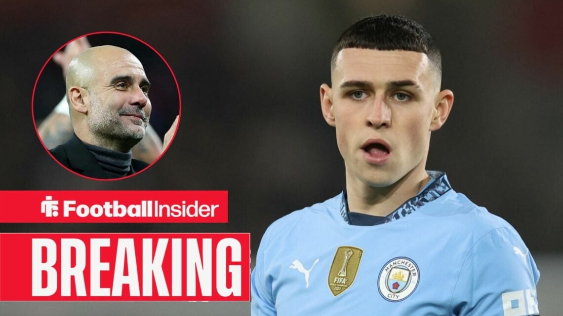 Phil Foden in action for Man City, with Pep Guardiola in a circular inset