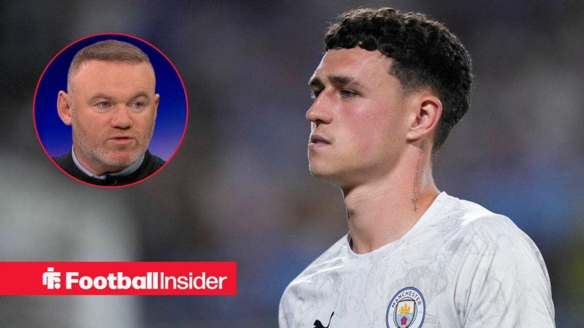 Phil Foden in action for Manchester City, as Wayne Rooney watches on from a circular inset.