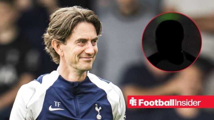 Thomas Frank on the left smiling for Tottenham with Randal Kolo Muani silhouette on the right
