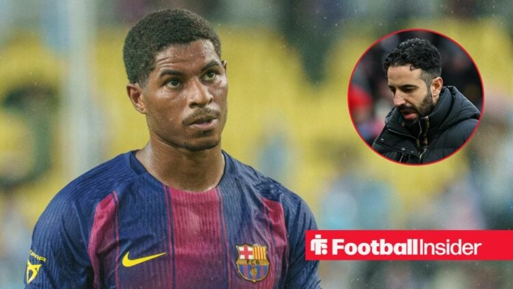 Marcus Rashford next to a circular inset of Ruben Amorim