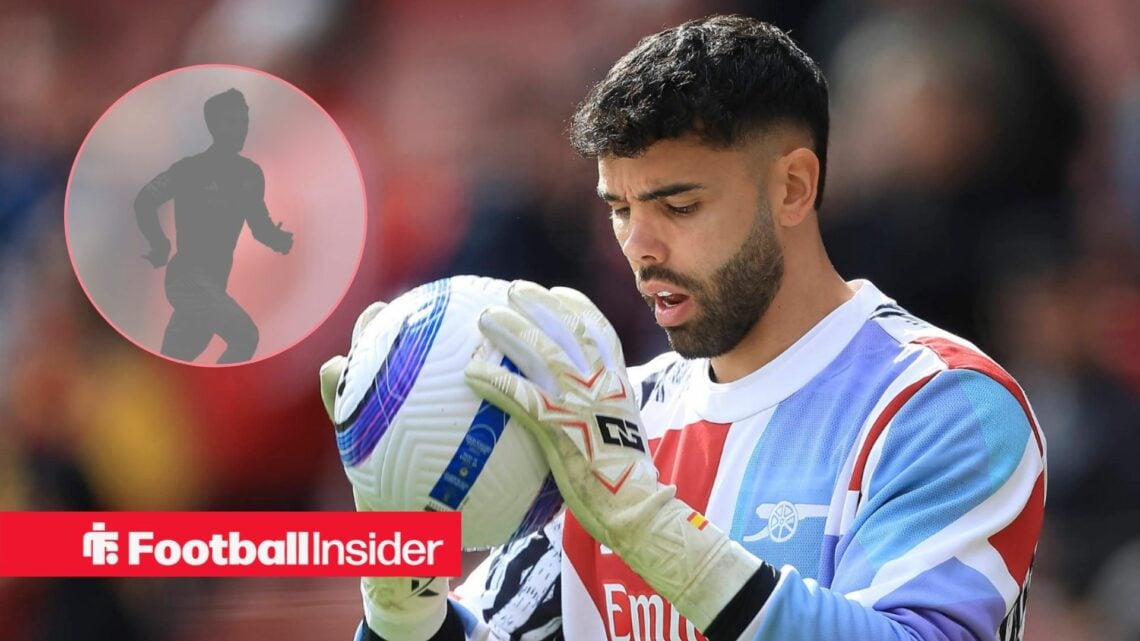 Arsenal's David Raya with Martin Zubimendi blacked out inset