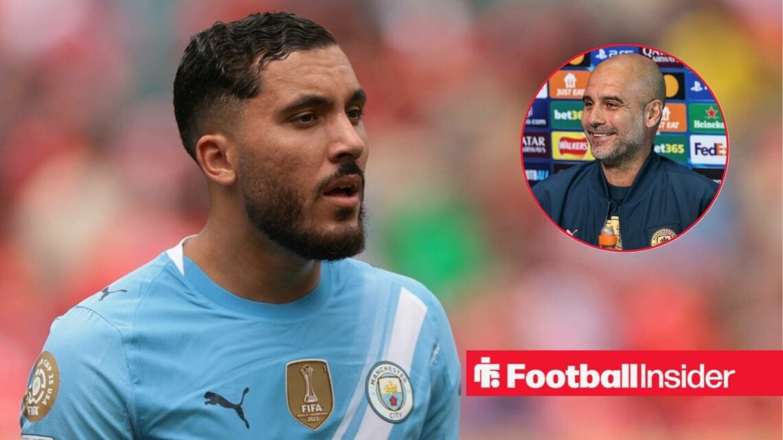 Rayan Cherki playing for Man City, Pep Guardiola in a circular inset