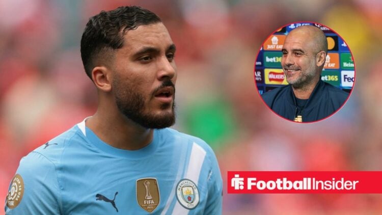 Rayan Cherki playing for Man City, Pep Guardiola in a circular inset