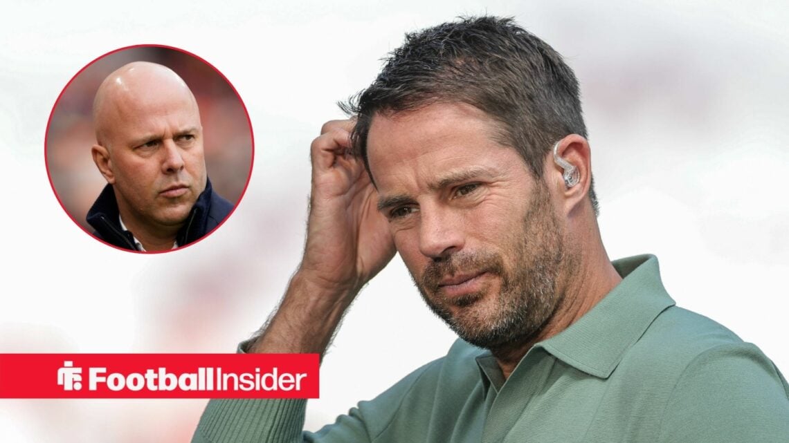 Jamie Redknapp scratching his head with Liverpool boss Arne Slot inset