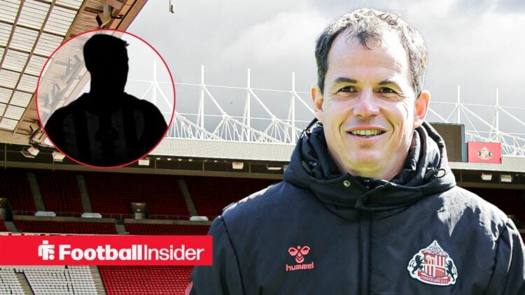 Regis Le Bris smiling at the Stadium of Light, Dan Ballard's silhouette in a circular inset
