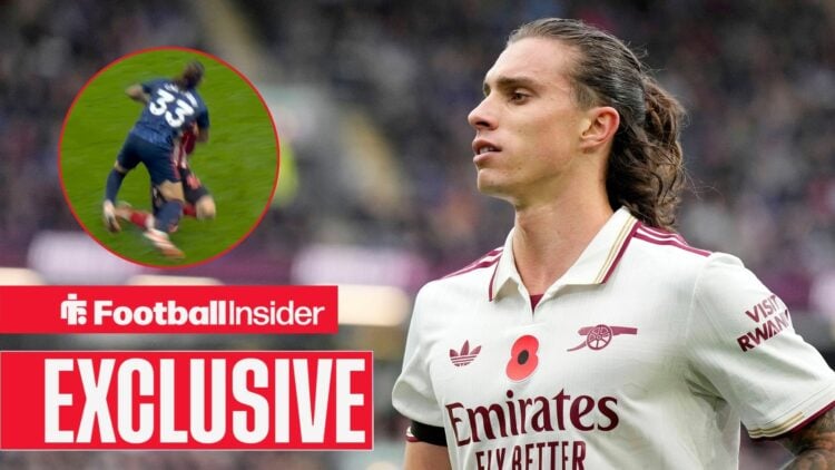 Riccardo Calafiori playing for Arsenal, challenge on Trai Hume in a circular inset