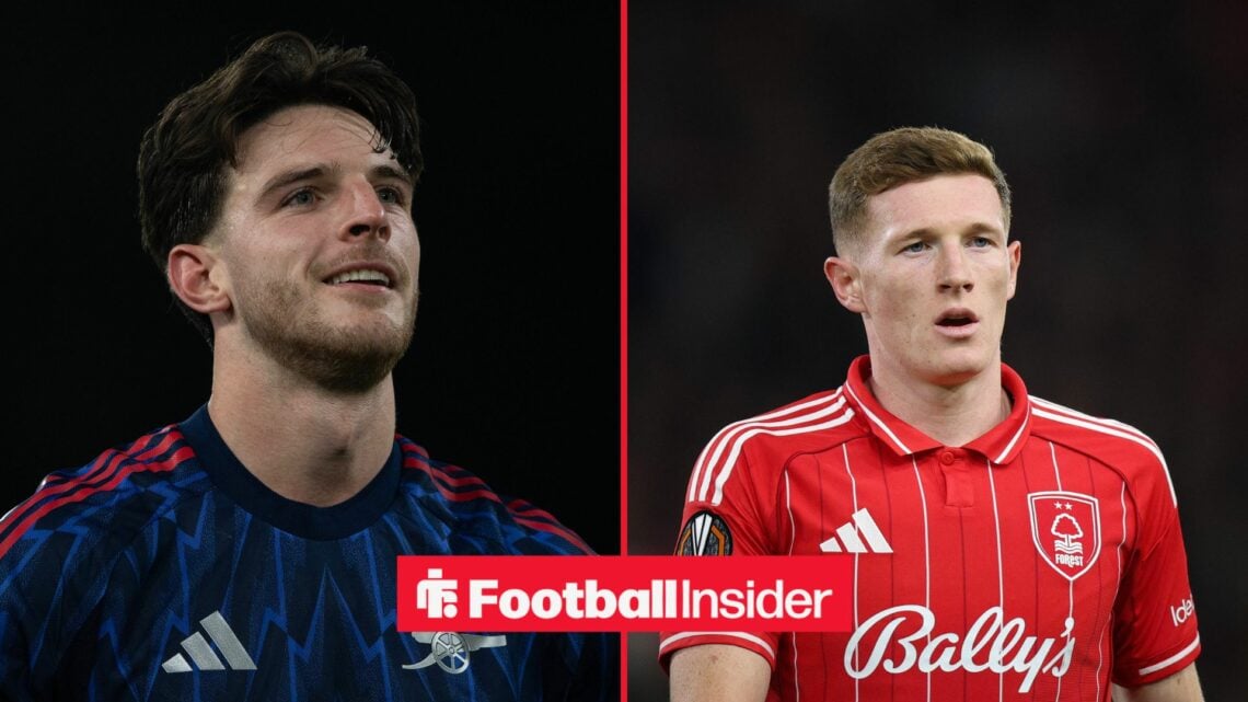 A split image of Arsenal's Declan Rice and Nottingham Forest's Elliot Anderson