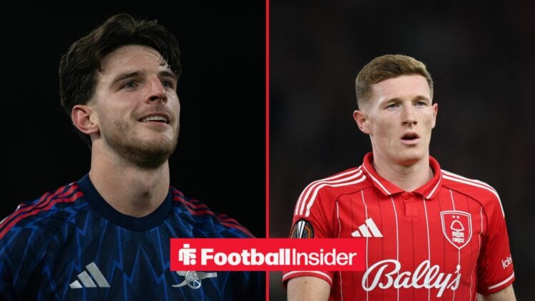 A split image of Arsenal's Declan Rice and Nottingham Forest's Elliot Anderson