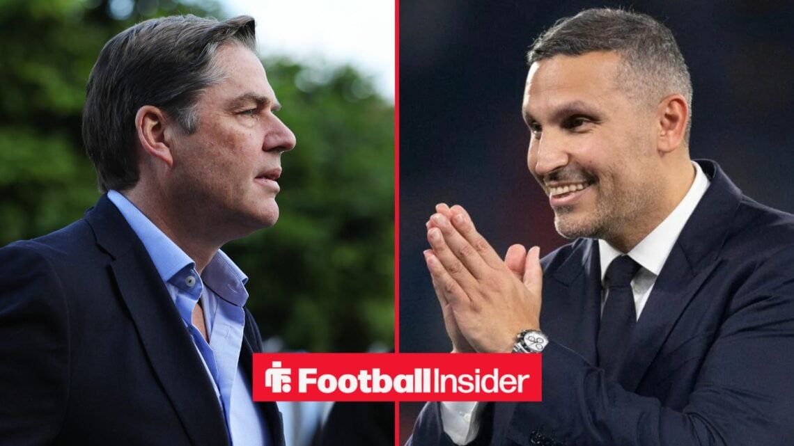 Richard Masters looking concerned alongside Khaldoon Al Mubarak looking happy