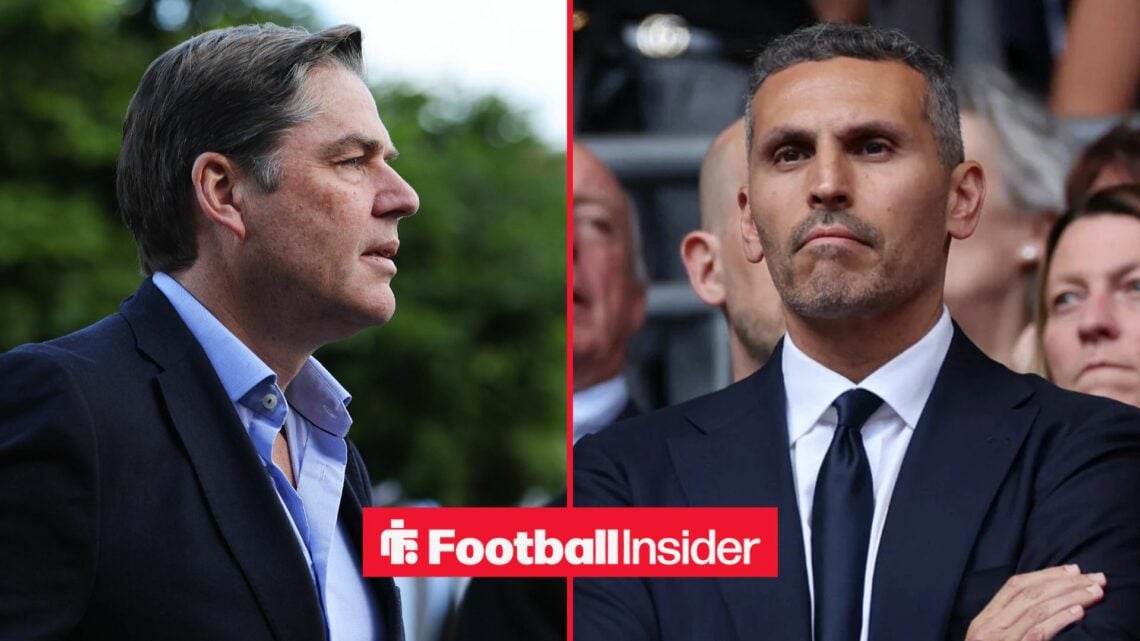 Richard Masters looking concerned alongside Khaldoon Al Mubarak looking serious