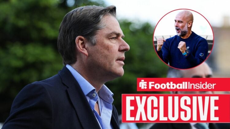 Richard Masters looking concerned with Pep Guardiola included in a circular inset