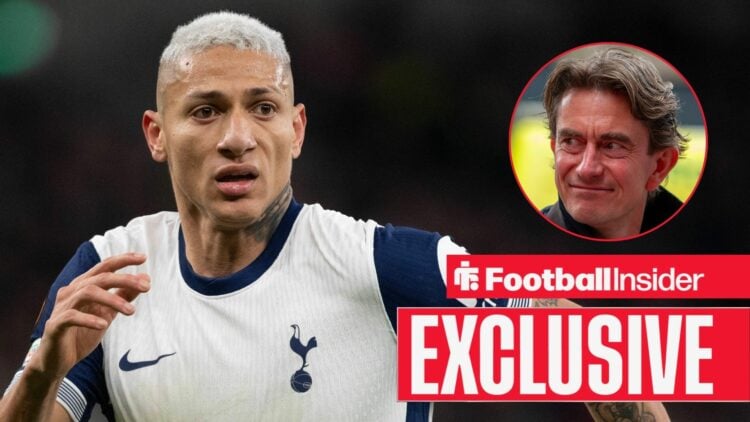 Richarlison running in panic for Tottenham on the left with Thomas Frank smiling on the right