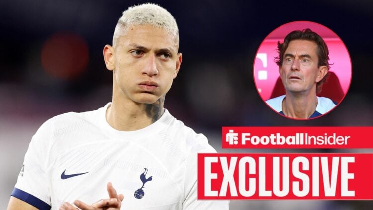 Richarlison clapping his hands for Tottenham with Thomas Frank looking shocked on the right