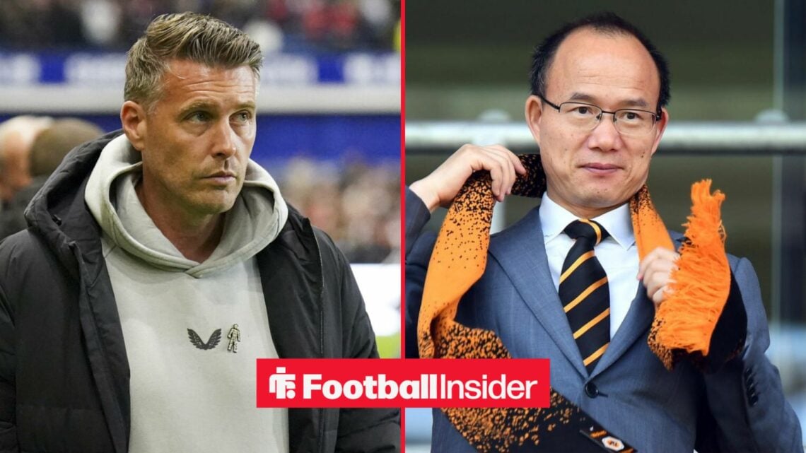 Rob Edwards looking concerned alongside Guo Guangchang wearing a Wolves scarf