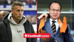 Rob Edwards looking concerned alongside Guo Guangchang wearing a Wolves scarf