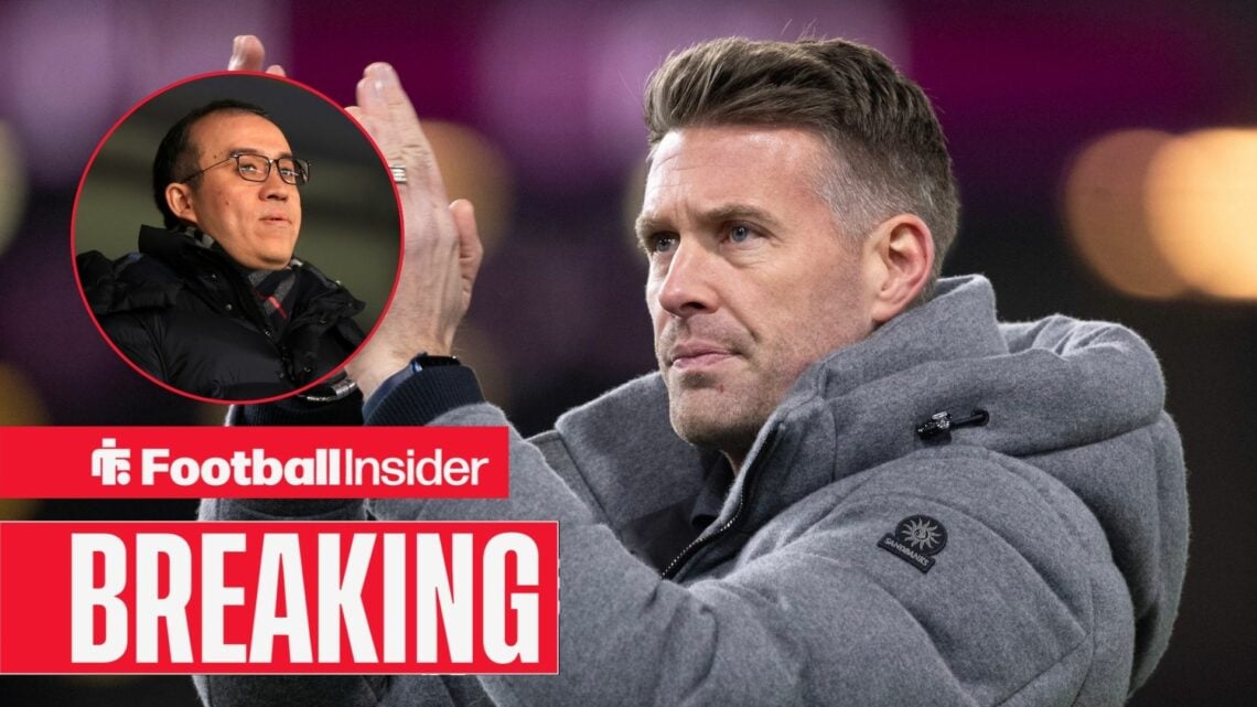 Rob Edwards applauding the fans, with Jeff Shi in a circular inset