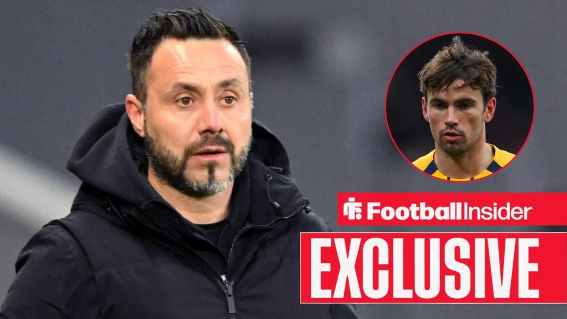 Roberto De Zerbi looking focused on the left with Matt O'Riley serious for Brighton on the right