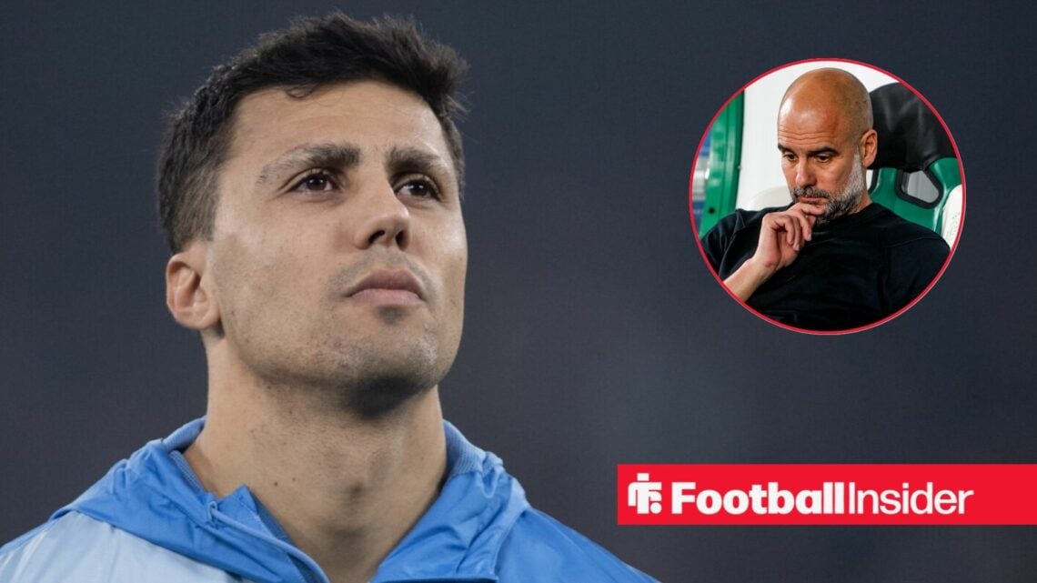 Rodri playing for Man City, Pep Guardiola in a circular inset