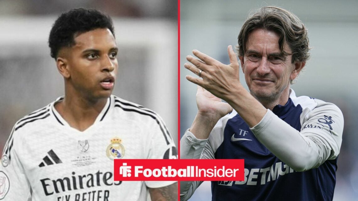 Rodrygo looking concerned with Thomas Frank clapping