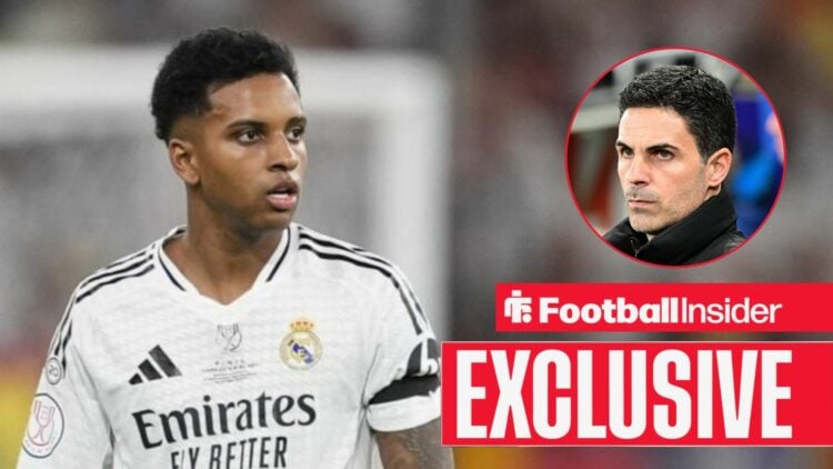 Rodrygo looking focused for Real Madrid with Mikel Arteta serious on the right