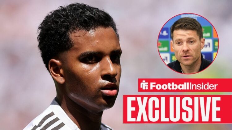 Rodrygo looking focused on the left for Real Madrid with Xabi Alonso on the right