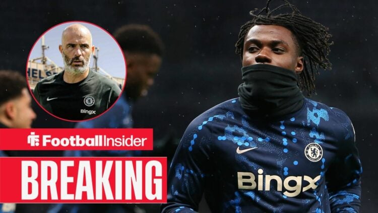 Romeo Lavia in a Chelsea kit, Enzo Maresca in a circular inset