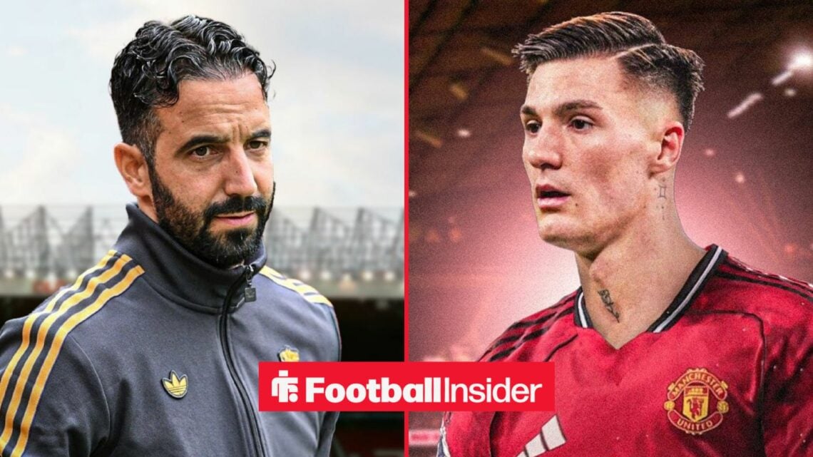 Ruben Amorim on the sidelines at Old Trafford, with Benjamin Sesko in a Man United shirt