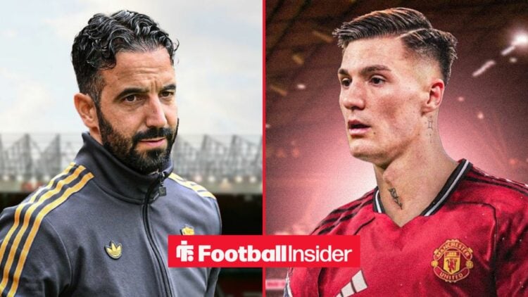 Ruben Amorim on the sidelines at Old Trafford, with Benjamin Sesko in a Man United shirt