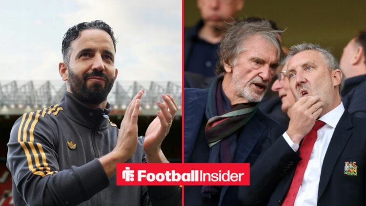 Ruben Amorim applauding at Old Trafford, with Sir Jim Ratcliffe and Jason Wilcox in the stands