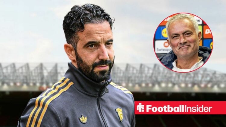 Manchester United manager Ruben Amorim stands looking concerned at Old Trafford as Jose Mourinho grins in a circular inset.