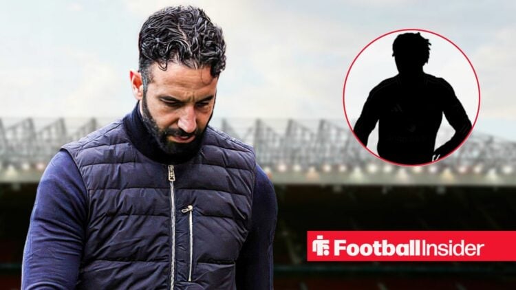 Ruben Amorim down at Old Trafford, Kobbie Mainoo's silhouette in a circular inset