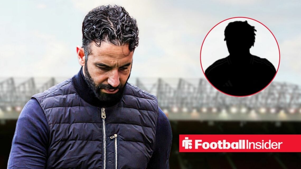 Ruben Amorim at Old Trafford, Kobbie Mainoo's silhouette in a circular inset