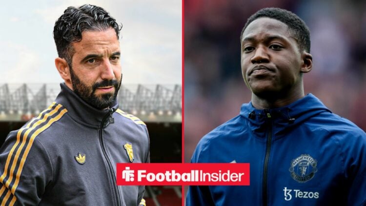 Ruben Amorim looking unimpressed alongside Kobbie Mainoo in a Man United training jacket