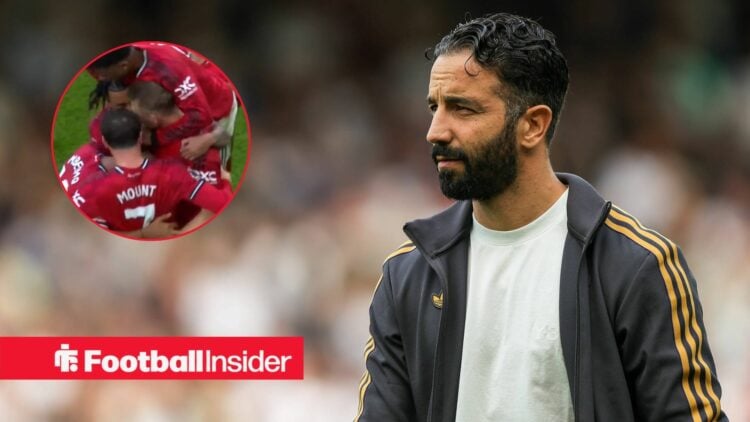 Ruben Amorim at Old Trafford, Man United celebrations vs Tottenham in a circular inset