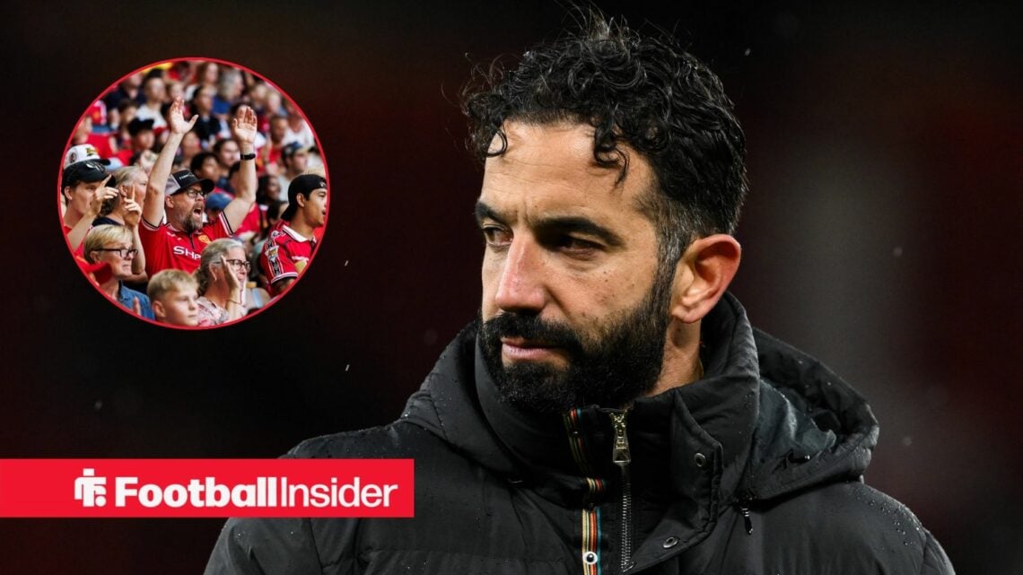 Manchester United manager Ruben Amorim glances to his right, where fans hold their arms aloft in a circular inset.