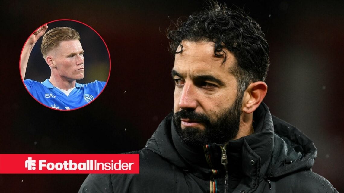 Ruben Amorim looking stern at Man United, with Scott McTominay in a circular inset