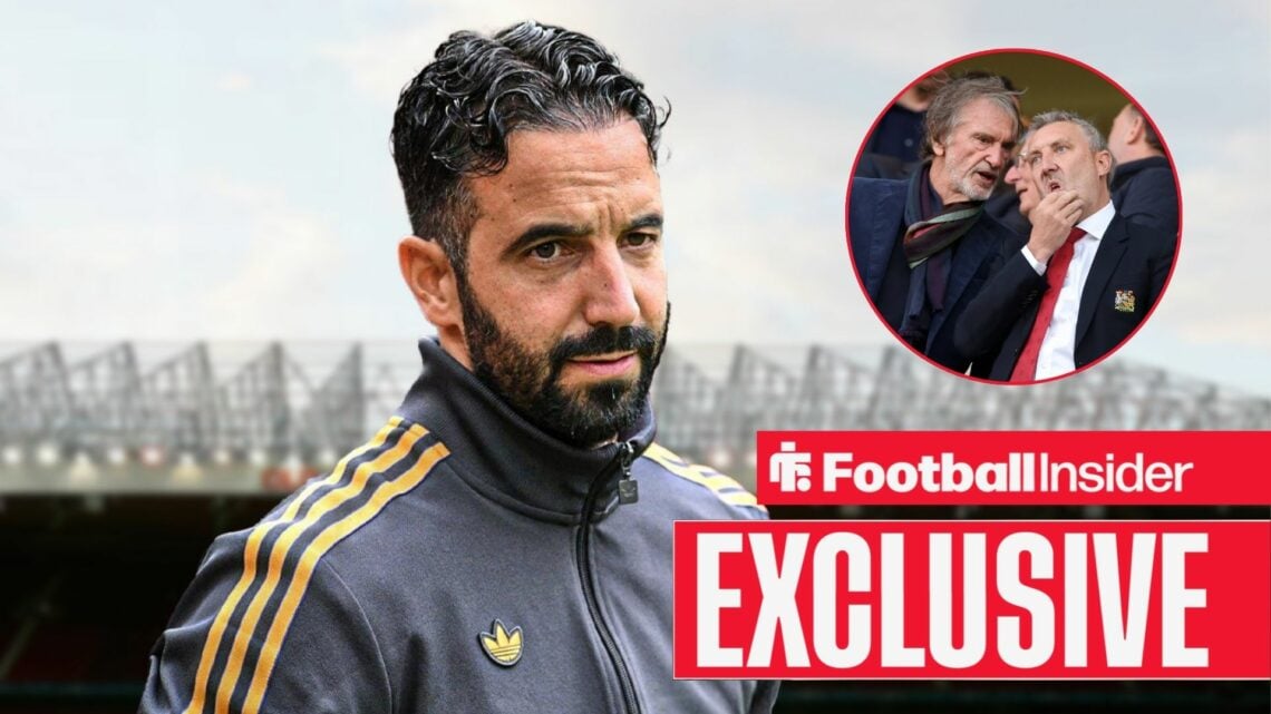 Ruben Amorim looking concerned with Sir Jim Ratcliffe and Jason Wilcox included in a circular inset