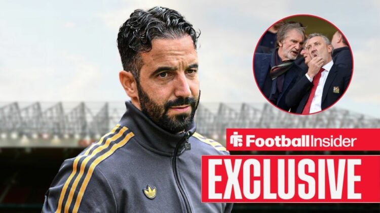 Ruben Amorim looking concerned with Sir Jim Ratcliffe and Jason Wilcox included in a circular inset