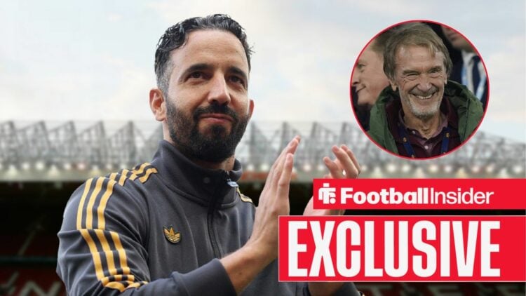 Ruben Amorim clapping with Sir Jim Ratcliffe included in a circular inset