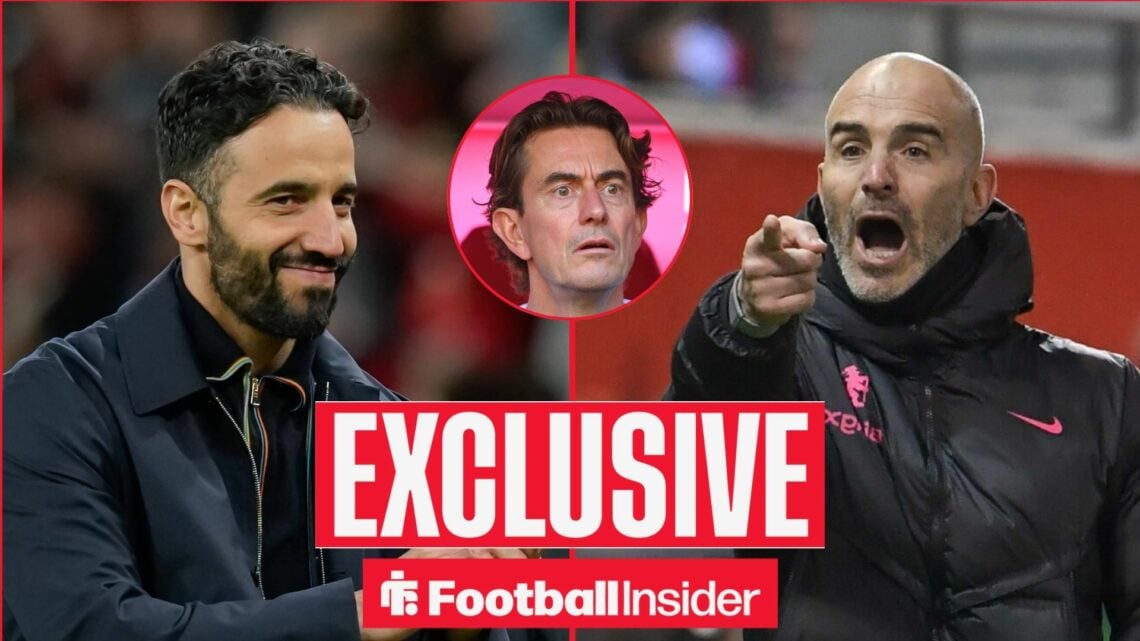 Ruben Amorim looking confident on the left with Thomas Frank shocked in the middle and Enzo Maresca pointing on the right