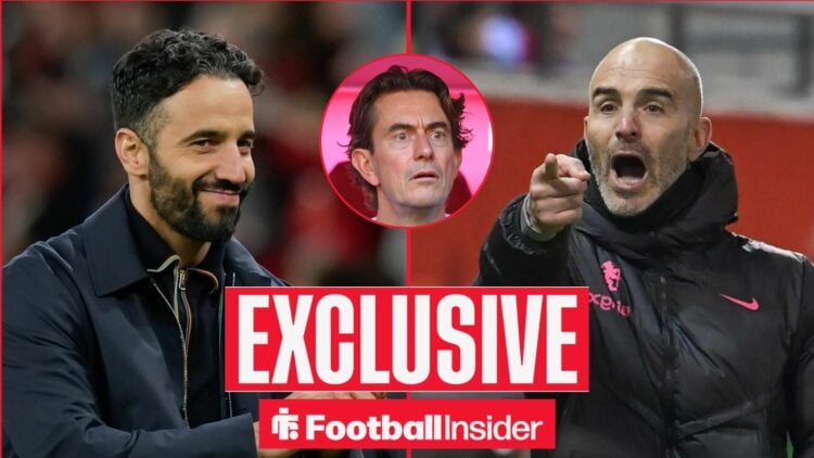 Ruben Amorim looking confident on the left with Thomas Frank shocked in the middle and Enzo Maresca pointing on the right