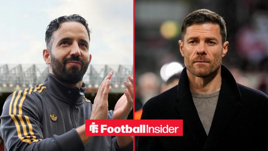 Ruben Amorim applauding at Old Trafford, with Xabi Alonso on the sidelines at Real Madrid
