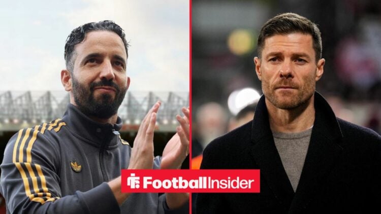 Ruben Amorim applauding at Old Trafford, with Xabi Alonso on the sidelines at Real Madrid