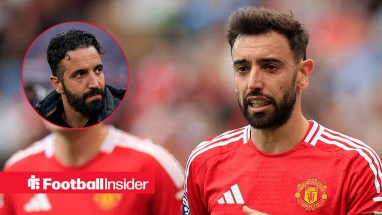Ruben Amorim looking annoyed on the left with Bruno Fernandes looking focused for Man United